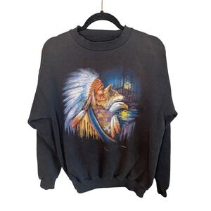 Vintage 1994 Thunder Sportswear Native American Wolf Eagle Sweatshirt Black Mens